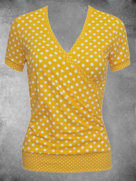 Scollo a V Casuale Maniche Corte a pois Top, Giallo, Tops