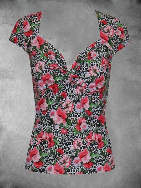 

Floral-print V Neck Casual Short Sleeve Shirts & Tops, Multicolor, Auto-Clearance