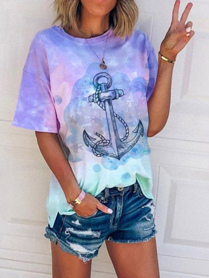 

Casual Crew Neck Ombre/tie-Dye T-shirt, Purple, T-Shirts
