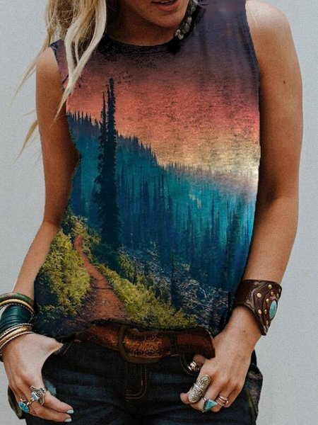

Casual Mountain and Forest Print Sleeveless T-shirt, Orange, Tanks & Camis