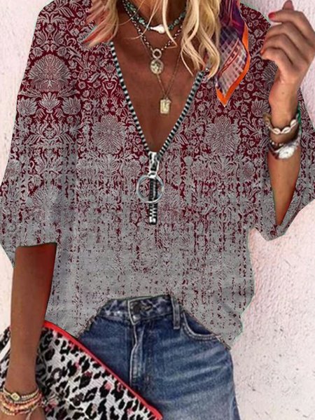 

Paisley Mezza Manica Cerniera Poliestere Scollo a V Vintage Estate Rosso Camicia, Blouses & Shirts