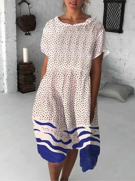 

Abito Nuovo Donna Chic Vintage Bohemian a Pois Casuale Maniche Corte, Blu, Linen & Cotton Dresses