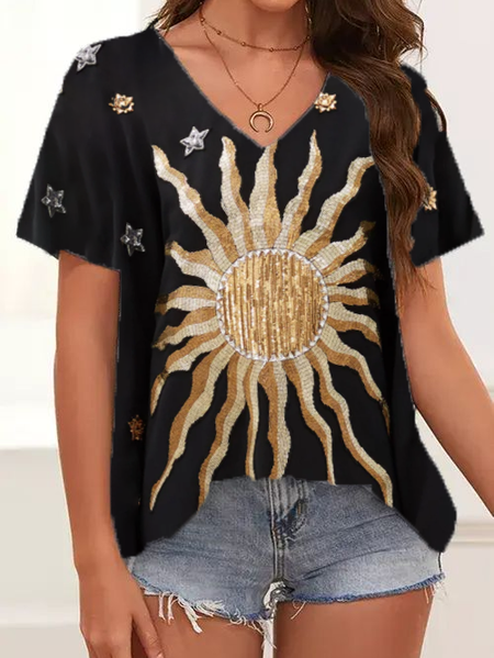 

Dritto Stella Casuale Scollo a V Camicie & Top, Nero, T-Shirts