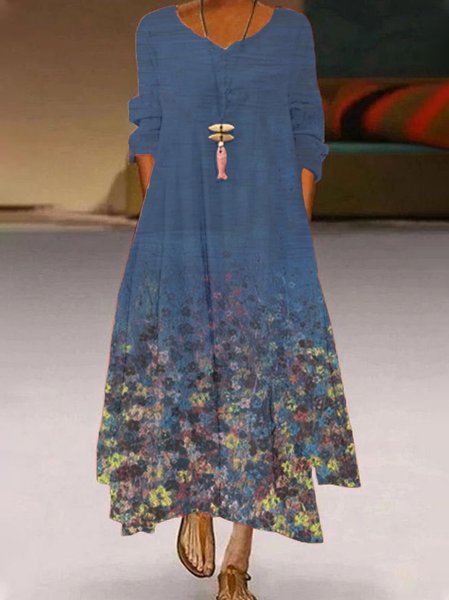 

New Women Chic Plus Size Vintage Holiday Casual Floral V Neck Boho A-Line Weaving Dress, Purplish blue, Dresses