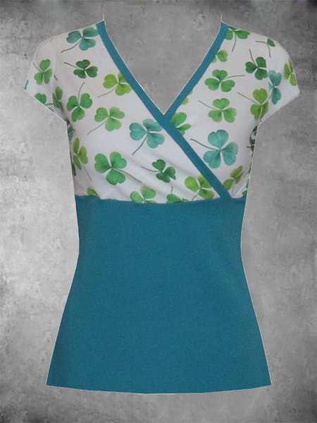 Printed V Neck Casual Short Sleeve Shirts & Tops, Blue, Auto-Clearance