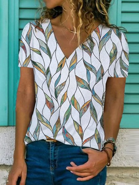 

Le foglie Maniche Corte Stampato Misto Cotone Scollo a V Vintage Estate Bianco Superiore, Tops
