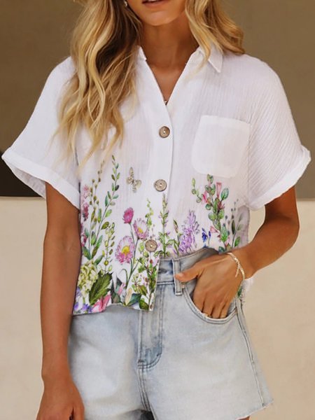 

Short Sleeve Holiday Shirt Collar Blouse, White, Blouses & Shirts