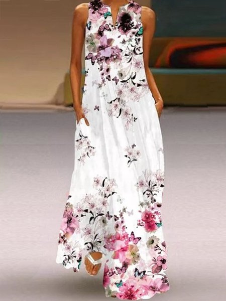 Di base Floreale Scollo a V Stampato Floreale Abito, Bianco, Maxi Dresses