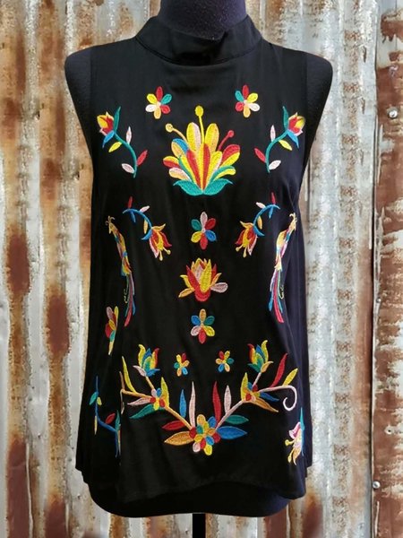 

Floral Vintage Cotton-Blend Color-Block Shirts & Tops, Black, Auto-Clearance