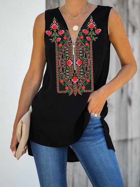 

Tribal V Neck Shirts & Tops, Black, Tank Top