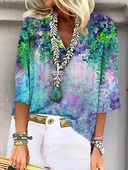 Floreale Scollo a V Camicie & Top, Blu, Blouses & Shirts