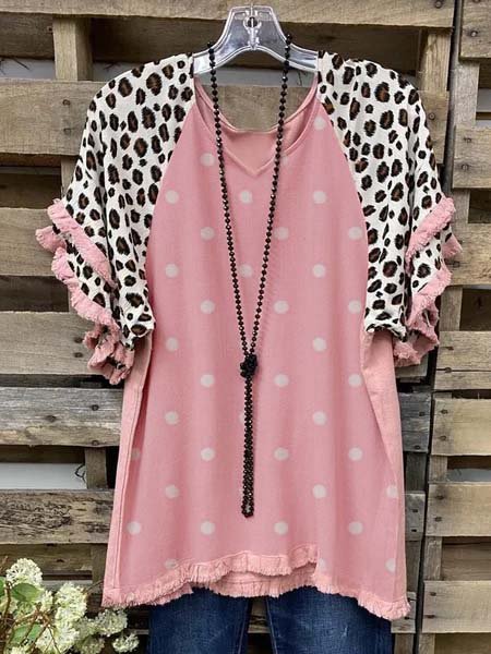 

Polka Dots Leopard-print Short Sleeve Shirts & Tops, Pink, Blouses & Shirts