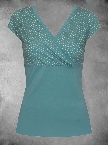 

Polka Dots Short Sleeve V Neck Casual Shirts & Tops, Blue, Auto-Clearance