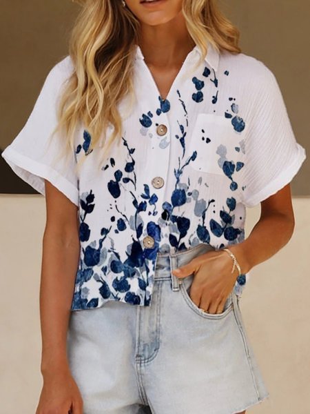 

Stampato Floreale Maniche Corte Casuale Camicie & Top, Bianco, Blouses & Shirts