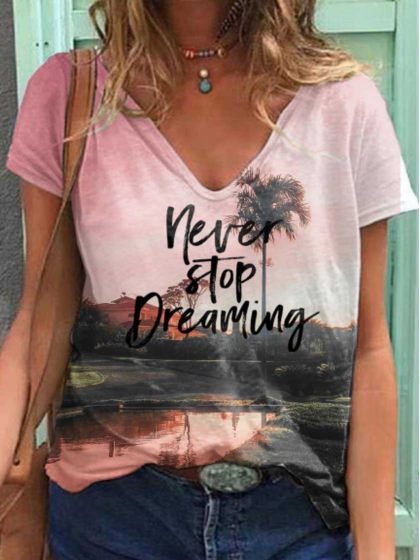 

V Neck Leaves Short Sleeve T-shirt, As picture, T-Shirts