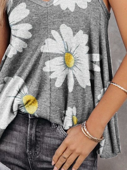 

Cotone Vintage Scollo a V Spalla Nuda Top, Grigio, Tank Top
