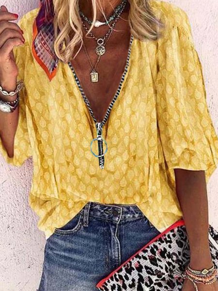 

Maniche Lunghe Scollo a V Misto Cotone Bohemian Camicie & Top, Giallo, Blouses & Shirts