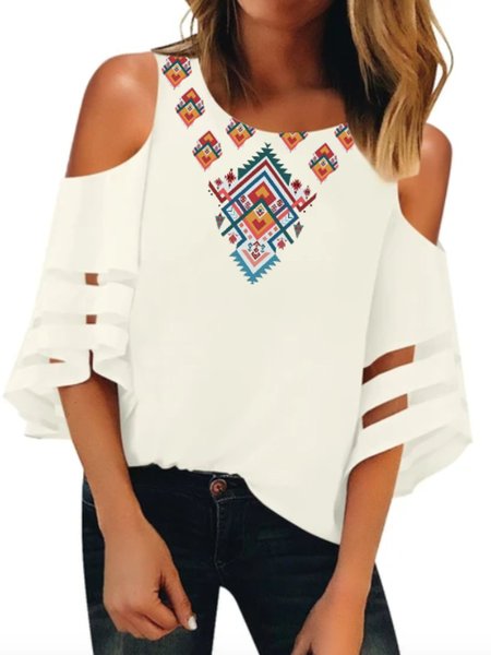 

Short Sleeve Tribal Holiday Blouse, White, Blouses and Shirts