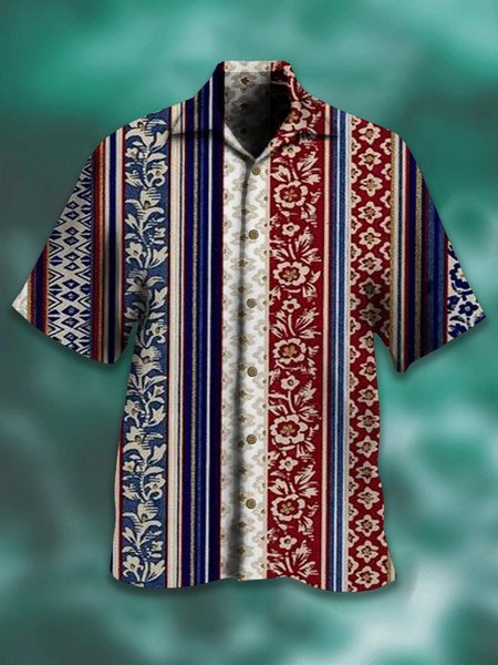 

2021 ethnic retro striped Hawaiian shirt, Navy blue, Men's Floral shirt