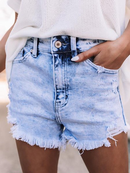 

Casual Cotton-Blend Plain Denim shorts, Light blue, Shorts