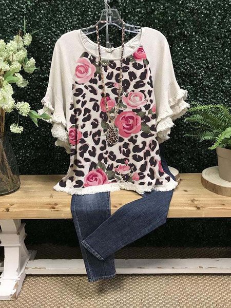 

Leopard-Print Short Sleeve Crew Neck Casual Shirts & Tops, White, Blouses & Shirts