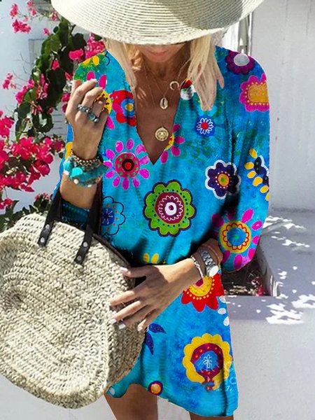 

Abito Mezza Manica Bohemian Dritto Floreale, Blu, Dresses