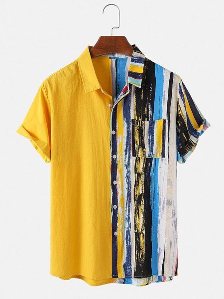 

Men's Casual Printed Shirt Collar Shirts, Blue-yellow, Men's Floral shirt