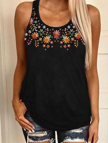 

Scollo a U Misto Cotone Senza Maniche Floreale Top, Nero, Blouses & Shirts