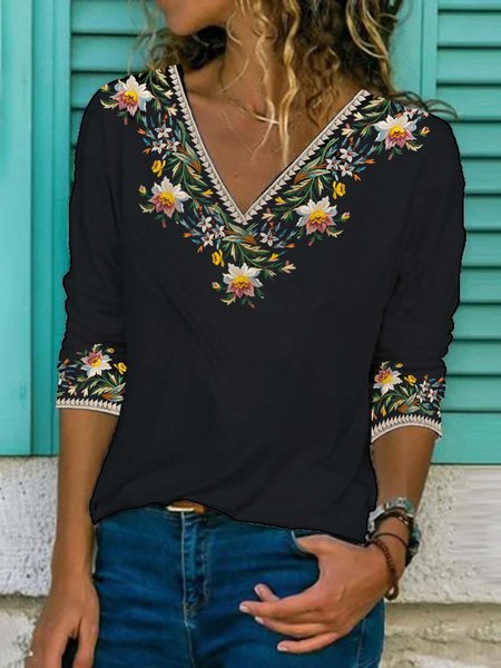 

Floreale Mezza Manica Stampato Misto Cotone Scollo a V Vintage Estate Nero Superiore, T-Shirts