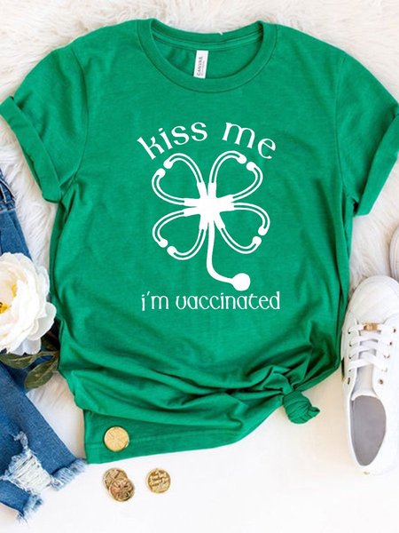 

Kiss Me I'm Vaccinated Letter Short Sleeve Woman Tee, Dark green, T-shirts
