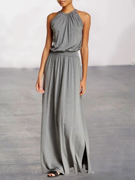 

Vintage Girocollo Solido Abito, Grigio, Maxi Dresses