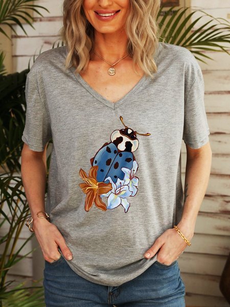 

Beetle With Several Lilies V-neck Graphic Tee, Gray, T-shirts
