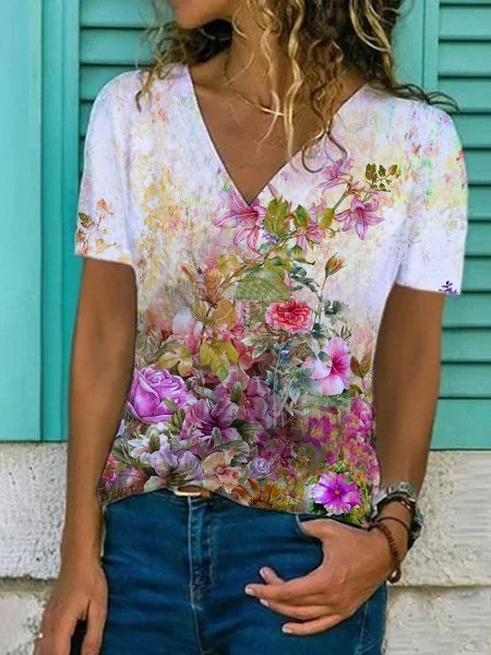 

Scollo a V Floreale Maniche Corte Camicie & Top, Bianco, Blouses & Shirts