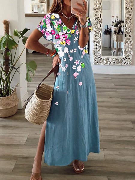 Abito Maniche Corte Floreale Scollo a V, Blu, Dresses