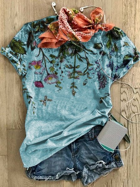 

Floral Printed Crew Neck Short Sleeve T-shirt, Blue, T-Shirts