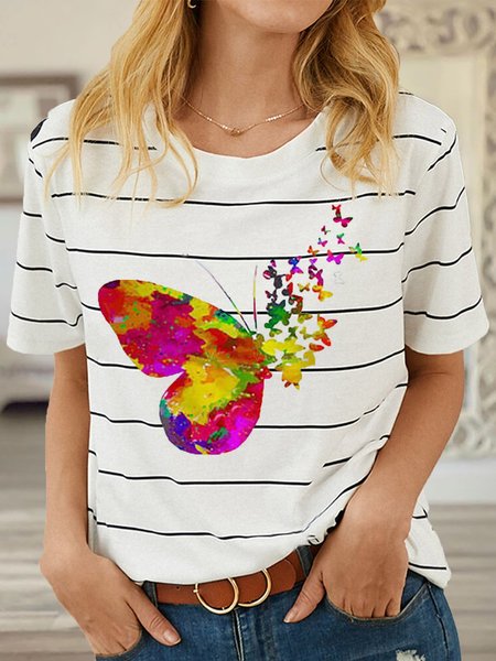 

Striped Butterfly Printed Round Neck Casual T-Shirts, As picture, T-Shirts