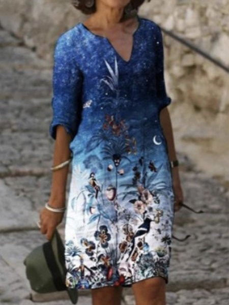 

Vintage Floral Printed Plus Size Short Sleeves V Neck Casual Dresses, Blue, Midi Dresses