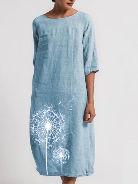 

Linen Crew Neck Casual Women Dress, Blue, Midi Dresses