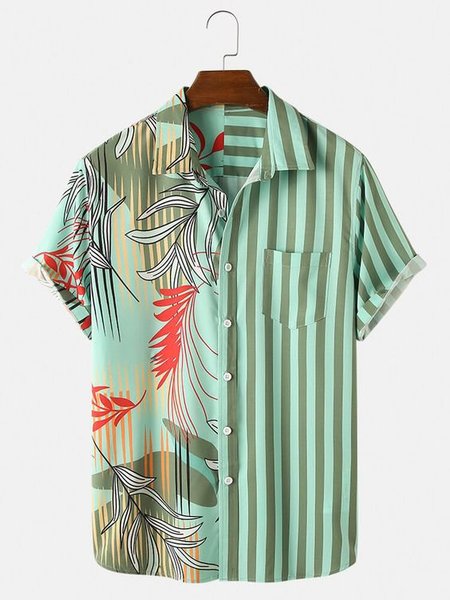 

Men Leaf Striped Patchwork Casual Holiday Design Shirt, Green, Men's Floral shirt