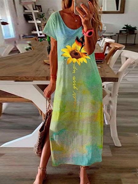 

Printed Scoop Neckline Holiday Weaving Dress, Green yellow, Floral Dresses