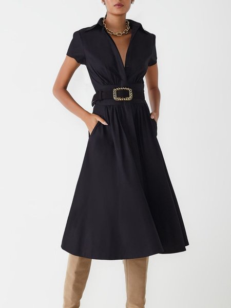 

Short Sleeve Plain Casual Midi Dress (no belt), Black, Midi Dresses