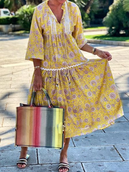 

Abito Vacanza 3/4 Manica, Giallo, Maxi Dresses