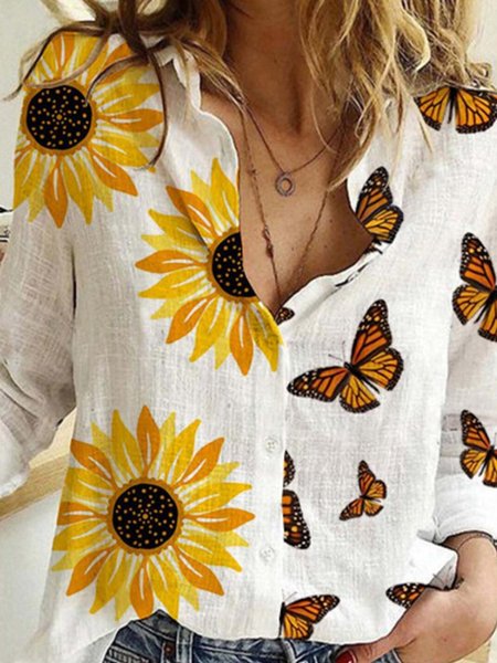 

Maniche Lunghe Misto Cotone Floreale Colletto a Camicia Top, Bianco, Blouses & Shirts