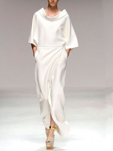 

Mezza Manica Solido Vintage Abito, Bianco, Maxi Dresses