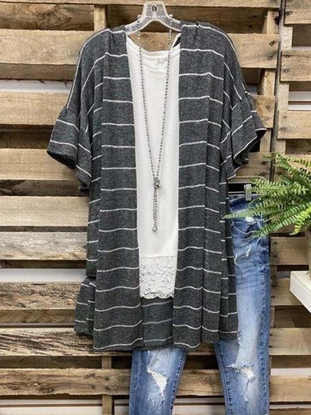 

Cotton-Blend Short Sleeve Striped T-shirt, Gray, Blouses & Shirts