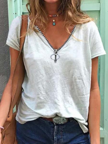 

Cerniera Casuale Maniche Corte Scollo a V Top, Bianco, Blouses & Shirts