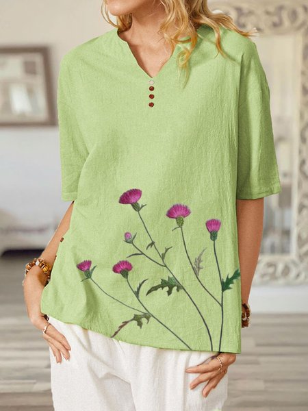 

Calicò Stampato Floreale Scollo a V Bottone Maniche Corte Casuale Maglietta, Verde, Blouses & Shirts