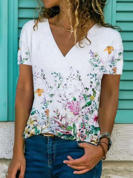 

Floreale Maniche Corte Stampato Misto Cotone Scollo a V Vintage Estate Bianco Superiore, T-Shirts