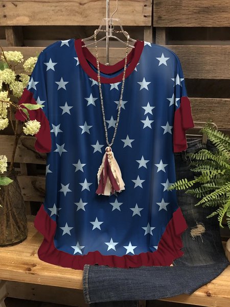 

American Flag Five-pointed Star Contrast Color Top, Blue, T-shirts