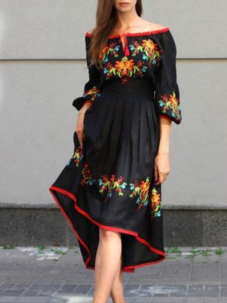 

A-Line 3/4 Sleeve Midi Dress, Black, Midi Dresses